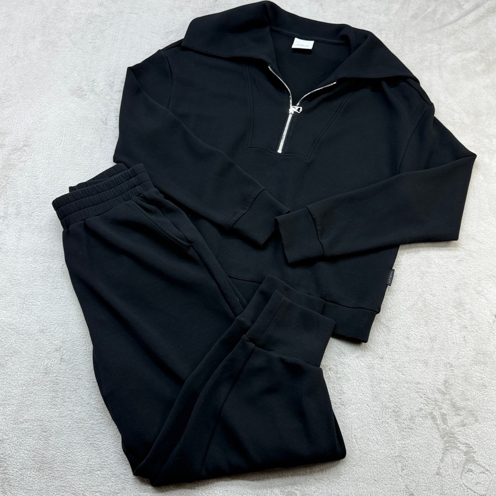 Varley Yates Half Zip Sweat Set Women M Black DoubleSoft Cozy Chic Quiet Luxury